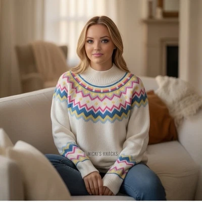 Suéter Vince Camuto Fair Isle Cuello Simutado Crema Multicolor Tejido Pullover Talla S Foto 1 de 4