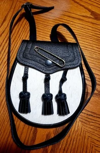 NOS Scottish Sporran Kilt Pouch L Black Leather w/fur Long Strap Tassels Celtic - Picture 1 of 6
