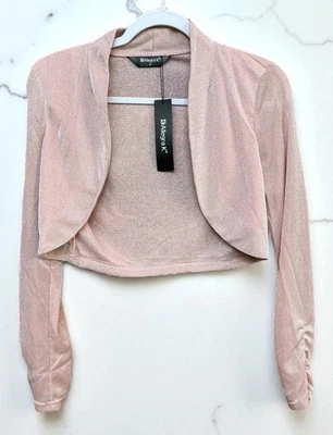 Allegra K Small NWT Pink Sparkly Ruched Long Sleeve Cropped Shrug Open Front - Image 1 of 4