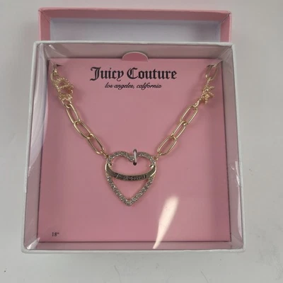 JUICY COUTURE Paper Clip Necklace Heart With Crowns Charm Gold Tone 18" - Image 1 of 4