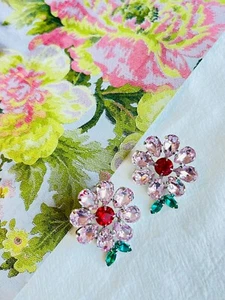 Pink Red Daisy Flower Green Leaf Sparkling Crystals Pierced Earrings Women Her - Picture 1 of 5
