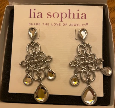 Lia Sophia "Ethereal" Etched Design Silver Earrings w/Cut Crystal Stones NIB - Image 1 of 3