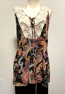 Umgee Sleeveless Top Womens Size S Paisley Crochet Trim Art To Wear - Picture 1 of 11