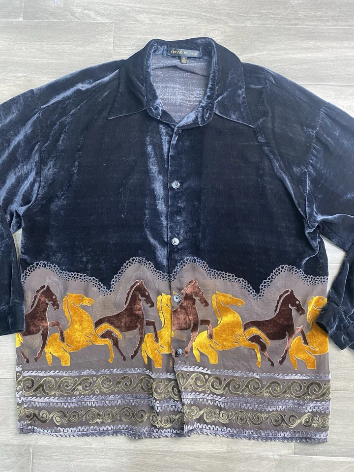 Vtg Creme de Silk Black Sheer Velvet Velour Shirt Horses Graphic Men’s Size Xl - Image 1 of 4
