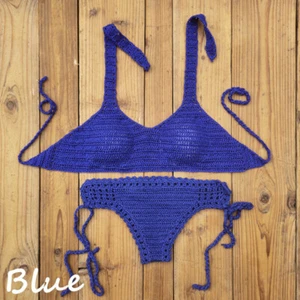 Women crochet sexy bikini set boho hand string top bottom Sunbathing swimsuit - Picture 1 of 16