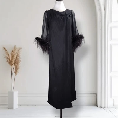 Vintage 60s Black Silk Chiffon Wrap Dress Ostrich Feather Trim Bell Sleeves - Image 1 of 4