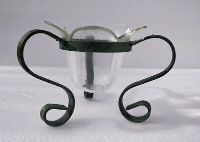 Scrolled Metal Candle Holder Stand Votive Clear Glass Flower Hurricane Scalloped - Image 1 of 4