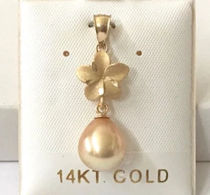 14K Gold Genuine Golden South Sea Pearl Hawaiian Plumeria Flower Pendants NEW - Picture 1 of 7