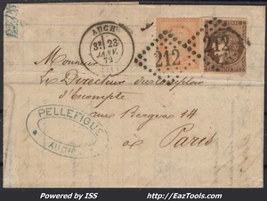 FRANCE N° 38+47 SUR LETTRE POUR PARIS GC 212 AUCH GERS + CAD DU 23/01/1872 - Picture 1 of 2