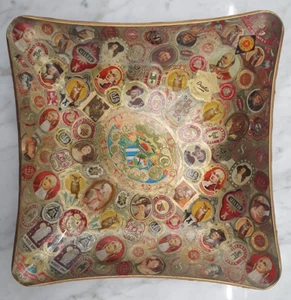 Vintage 70er Zigarrenband Decoupage Glas Tablett 7" + Germany Gold Eulen Retro - Bild 1 von 18