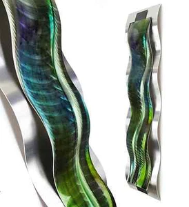 Metal Wall Sculpture Art Silver Green Blue Painting Modern Abstract Home Decor - Picture 1 of 5