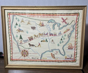 VTG 1958 HISTORY TRANSPORTATION USA EMBROIDERED MAP FRAMED GLASS 18.5" X 23.5" - Picture 1 of 4