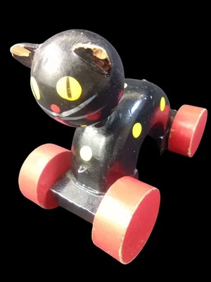 Juguete de madera de gato negro de colección arte popular lunares amarillos estilo Félix el gato Japón Foto 1 de 4