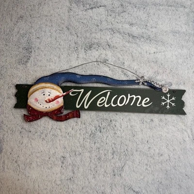 Cute Snowman wood and metal Welcome Sign 3" x 16" with hanger for door, wall - Image 1 of 4