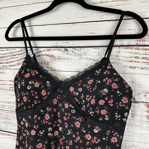 Womens Y2K No Boundaries Black Ditsy Floral Mesh Lace Cami Mini Dress Fairy Sz M - Picture 1 of 7