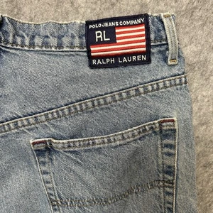 Vintage Polo Jeans Ralph Lauren Banner Shorts Men 33x11 Distressed Baggy US Flag - Picture 1 of 13