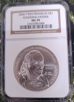 2006 P UCAM Ben Franklin Founder Father MS70 Commem Silver Dollar NGC Brown L004 - Image 1 of 4