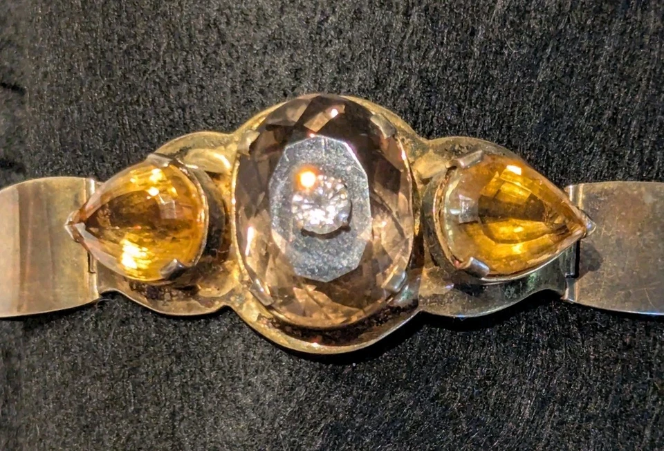 Vintage Gold Over Sterling Silver Faceted Huge Citrine & Smoky Quartz Bracelet - Image 1 of 4