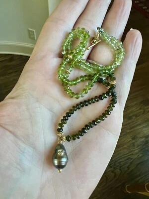 SALE Designer 14 Karat Gold AAA Quality Tourmaline Necklace With Tahitian Pearl - Image 1 of 4