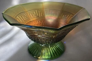 Northwood Greek Key w/ Scales Footed Octagonal Bowl Green Antique Carnival Glass - Picture 1 of 12