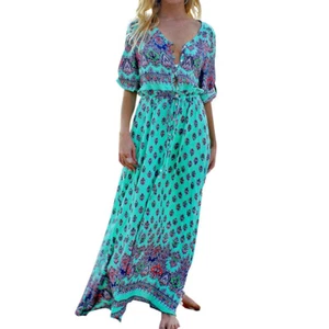 Maxi Sommer Strand Kleid Sommerkleid Damen Lady Boho Kimono Ärmel Blumen lang - Bild 1 von 4