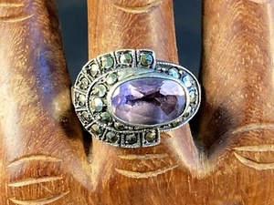 Vintage 925 Sterling Silver Genuine Amethyst & Marcasite Gemstone Ring - Picture 1 of 9