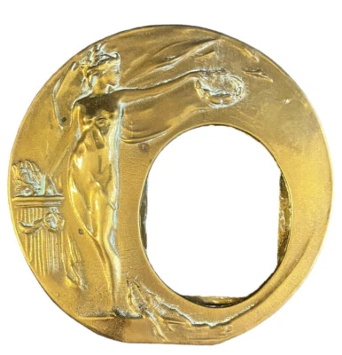 Antique Art Nouveau Rococo Round Frame Maiden Victory Laurel Wreath Brass N1 - Image 1 of 4