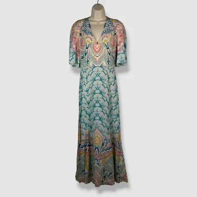 Vestido para mujer Etro azul seda floral cuello en V manga codo línea A talla 42 Foto 1 de 4