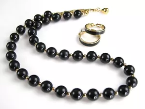 VTG Monet Black Round Bead 18" Necklace Gold Spacers Matching Hoop Stud Earrings - Picture 1 of 5