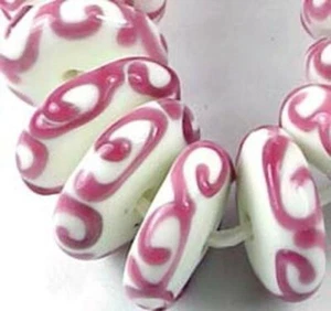 10 Lampwork Handmade Glass Pink Scroll Disc Rondelle Beads 14mm - Picture 1 of 3