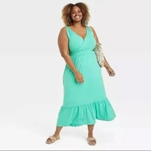 NWT Ava & Viv Aqua Green Maxi Dress – Plus 2X – V-Neck Tiered Style - Picture 1 of 3