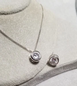 QVC 14k White gold Diamonique bezeled cz Pendant necklace & single stud earring - Picture 1 of 12