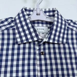 ETON Contemporary Dress Shirt Mens XL 17 43 Checkered Blue White Button Up - Picture 1 of 10