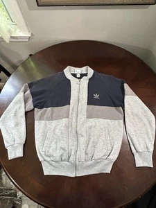 Vintage 1980er Adidas Sweatshirt Reißverschluss Taiwan Trefoil L marineblau grau Jacke Warmup - Bild 1 von 17