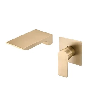 Single-Handle Waterfall Spout Wall Mount Bathroom Sink Faucet in Brushed Gold - Picture 1 of 7
