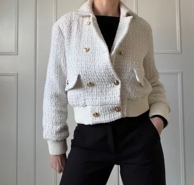 Chaqueta Maje Mezcla Algodón Tweed Cuadros Crema Con Botones Dorados Talla EU 36 UK8 Foto 1 de 4