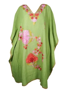 Pear Green Mid Calf Embroidered Dress Floral Kaftan Cotton Beach Caftan 3XL