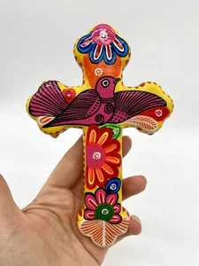 Mexican Talavera Hand Painted Ceramic Cross Bright Colorful Folk Art Floral Bird - Picture 1 of 10