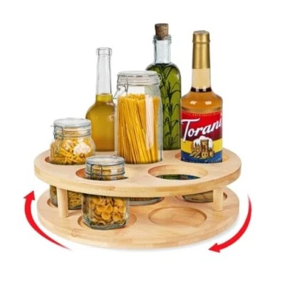 Coffee Syrup Organizer 7 Bottle Capacity Bamboo Syrup Rack | Rotating Lazy Susan - Image 1 of 4