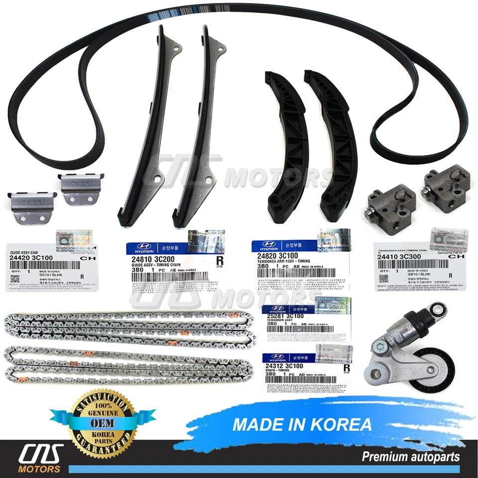 ⭐GENUINE⭐ Fits 06-10 Hyundai Kia 3.3L 3.8L Timing Chain Kit & Tensioner & V-Belt Foto 1 de 4