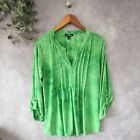 Roz & Ali Top Womens PL Green Long Sleeve Pleated V Neck Tunic Blouse Loose Fit