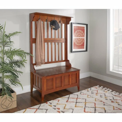 Classic Wooden Hall Tree Storage Bench Entryway Foyer Furniture Walnut Finish Cover