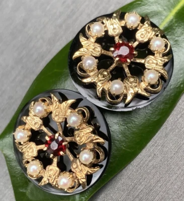 Vintage Pearl Stud Earrings Garnet Onyx Estate Fine Jewelry Pre-Owned 14K Gold - Image 1 of 4