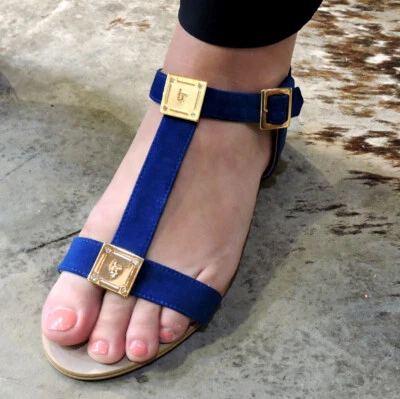 LUIGI TRAINI 🇮🇹 Women's Blue Suede Flats Summer Comfort Sandals - Image 1 of 4