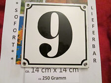 Hausnummer Nr. 9 schwarze Zahl auf weißem Hintergrund 14cm x 14cm  Emaille
