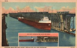Vintage Postcard 1948 Loading Iron into Giant Freighters Lake Superior Ore Boat - Picture 1 of 2