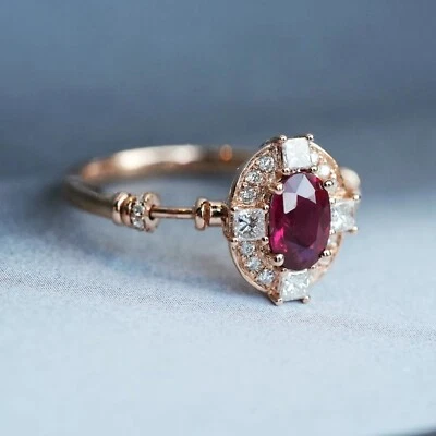 Vintage Oval Cut Lab Created Ruby Natural Diamond Women Ring Solid 14K Rose Gold - Image 1 of 3