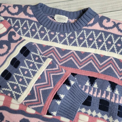 Vintage 80s 90s Arielle Textured Sweater Unisex XL Made in USA Pink Blue Acrylic - Image 1 of 4