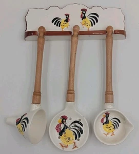 1950s Ceramic Hanging Rooster Holder w/Funnel, Slotted Spoon, Ladle Complete Set - Picture 1 of 13