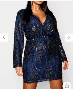 NWT Boohoo Blue Pkus Size Sequin Mini Plunge Dress Size 18 Womens - Picture 1 of 9